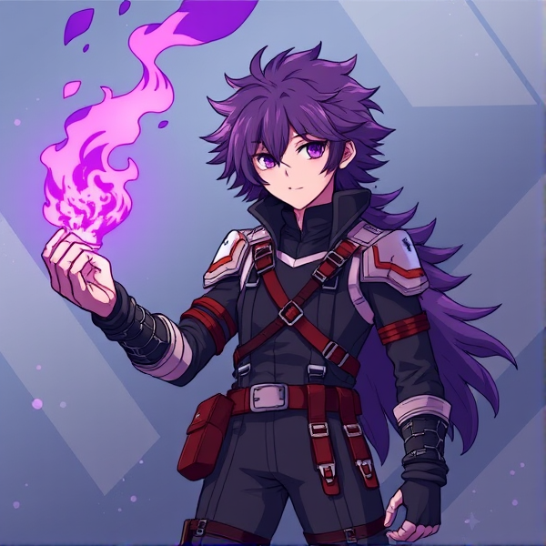 My hero academia oc. Purple fluffy hair.  purple fire in hand. Hero costume with harness. Lots of straps. Boots.