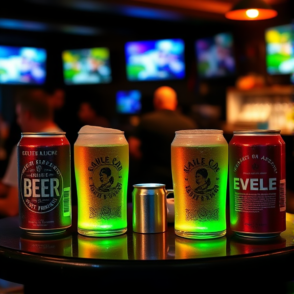 Four cans of beer sitting around a table.laugjing and relaxing after a long day. The bar room in dark and warm with s the glow of a few tvs