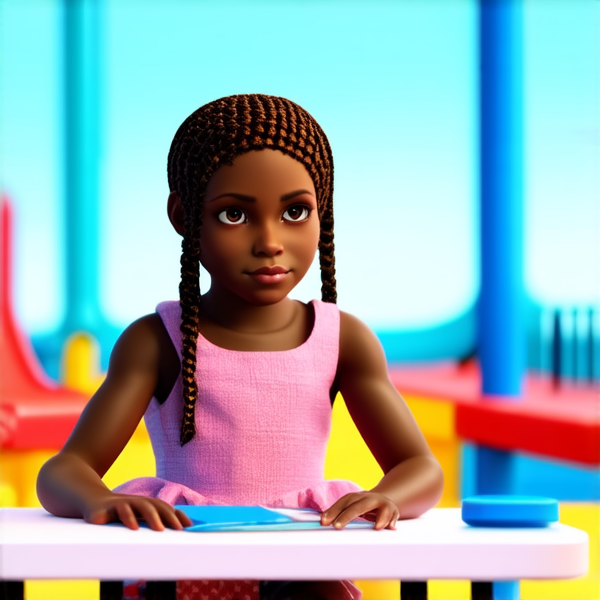 jolie petite fille noire de 8ans en robe avec des tresses africaines assise sur un bureau dans une cour de recreation