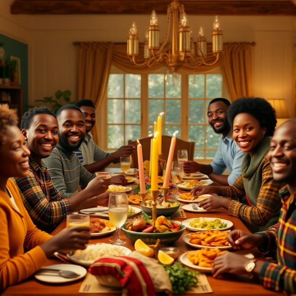 repas chaleureux d'une grande famille afro-américaine réunie autour d'une table festive, sourires et complicité, cuisine traditionnelle, intérieur accueillant