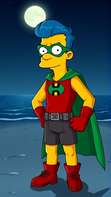 Milhouse Van Houten from The Simpsons, with his yellow skin, really big round nose, and blue hair that's slicked back and curled up at the top, but as an 18-year old teenager, dressed as a parody of Robin, The Boy Wonder, with an extremely muscular torso and arms, a green bodysuit with a red torso adorned with a green H symbol on his chest, a grey utility belt, red boots, red long-cuffed gloves, a big green cape, and a green eye mask with optical lenses in it, now known as Houseboy, The Nerd Wonder, the other half of Springfield's Dynamic Duo, and one of the greatest vigilante superheroes ever known in Springfield. He is currently standing on the beach at night, taking a break from his heroic duties to reflect on his growth and transformation into the vigilante he has become.