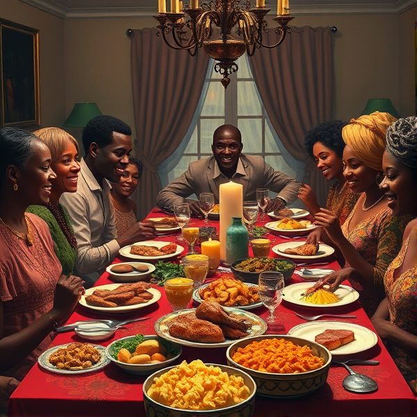 A lively African American big family gathering around a richly adorned dinner table, sharing a traditional soul food meal with dishes such as fried chicken, collard greens, macaroni and cheese, cornbread, and sweet potato pie, all set in a warm and inviting dining room filled with laughter and storytelling