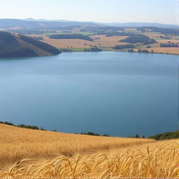 Lake with wheat fields around it