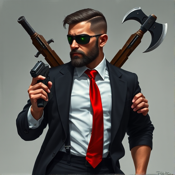 A highly detailed, full-body portrait of John Abraham Marston, an embodiment of the quintessential rugged male operative. He sports a short, jet-black haircut and a meticulously groomed beard that contours his jawline and highlights his resilience. His left eye is obscured by a tactical eyepatch, beneath which runs a pronounced scar—a silent chronicle of his combat experiences and the resultant loss of vision. Poised with an air of cultivated authority, he is dressed in a crisp white button-down shirt neatly tucked into expertly fitted black trousers, held up by shining leather suspenders. A vivid red tie adds a pop of color to his ensemble. His look is completed by a bespoke black blazer with discreet Kevlar reinforcement for discreet protection, hinting at the dangers inherent in his line of work. Shiny dress shoes anchor his feet, reflecting the seriousness with which he approaches his duties. Equipped for engagement, John carries Desert Eagles with matte black finishes and custom green laser sights for supreme accuracy. Overlapping behind him in an X configuration are his signature melee implements: a razor-edged katana and a robust fireman's axe—silent affirmations of readiness for hand-to-hand conflict. These elements underscore his allegiance to "the agency," where he navigates the shadowy corners of society while silently battling alcoholism as a means to manage post-traumatic stress disorder symptoms. His left arm reveals cybernetic enhancements acquired from past experimentation