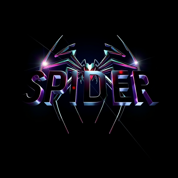 Create a visually arresting 3D logo for "SPIDER" that exudes ultra-modern, sleek design elements with bold sans-serif typography which dynamically bursts forth from a pitch-black background. Infuse the artwork with electrifying light beams inspired by the Capcut app icon's luminosity, casting profound shadows and creating striking highlights across the logo's contours. Incorporate a fusion of cutting-edge curves, crisp edges, and fluid lines to convey both rapidity and elegance. The logo should be enveloped in a metallic skin exhibiting a lustrous, mirror-like finish to dramatically bounce off light, imbuing it with an essence of vigorous motion. Draw upon Pixar's hallmark of incisive imagery and pronounced geometric shapes, injecting the tableau with a lively color spectrum and polished surfaces for additional depth. Utilize rendering techniques paralleling Unreal Engine's hyper-realism and Octane Renderer's ray tracing capabilities to achieve mesmerizing reflections, alongside V-Ray's sophisticated lighting effects to accentuate the mood. Strive for an overwhelmingly surreal visual spectacle that flirts with sci-fi elements, deliberately exaggerating every aspect for maximal impact. This creation ought to be perceived as audaciously lavish, overtly eschewing any inclination towards subtlety or minimalism.