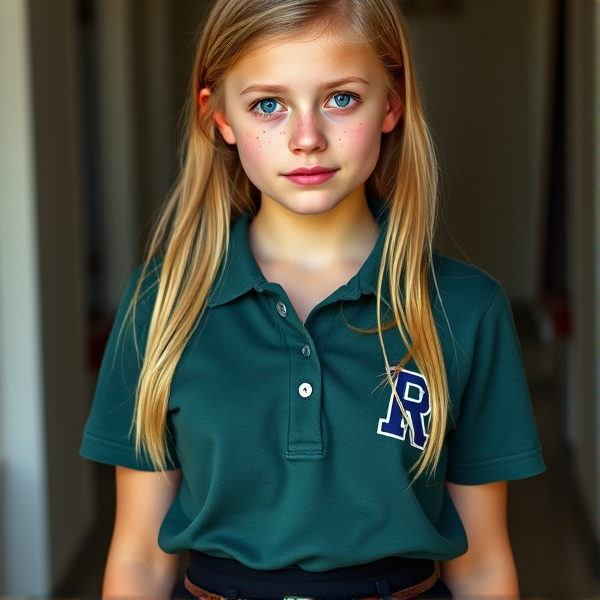 A photorealistic image of a youthful, blonde 19 year old girl with vivid blue eyes and delicate light freckles scattered across her cheeks. She stands in a full front body pose, clad in a dark green-gray polo shirt featuring subtle white lettering that reads "Ruttgers" near the left side of her chest. Her attire is completed with a sleek black mini skirt. The overall tone should convey the natural beauty of youth without excessive color saturation or makeup.