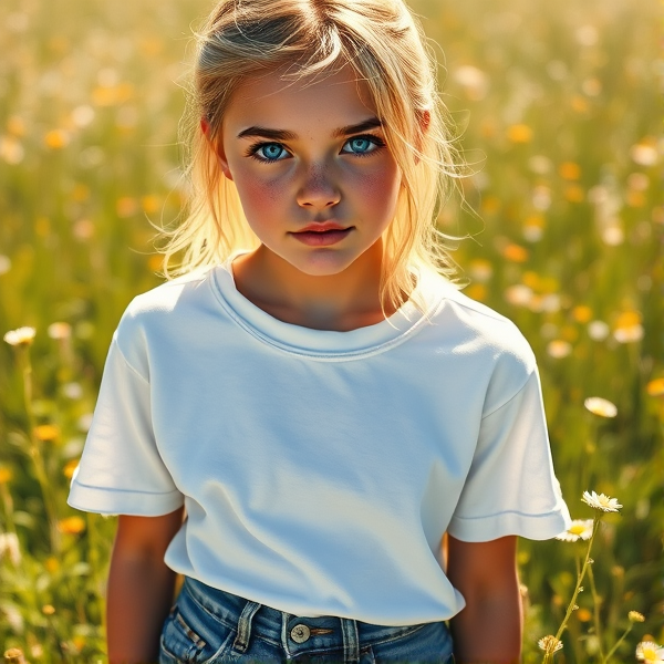 Realistic blonde teen wearing a casual white t-shirt and denim jeans, big blue eyes shining with youthful curiosity, a sprinkle of light freckles across the bridge of the nose, standing in a sunlit meadow full of wildflowers, full body view with a relaxed posture