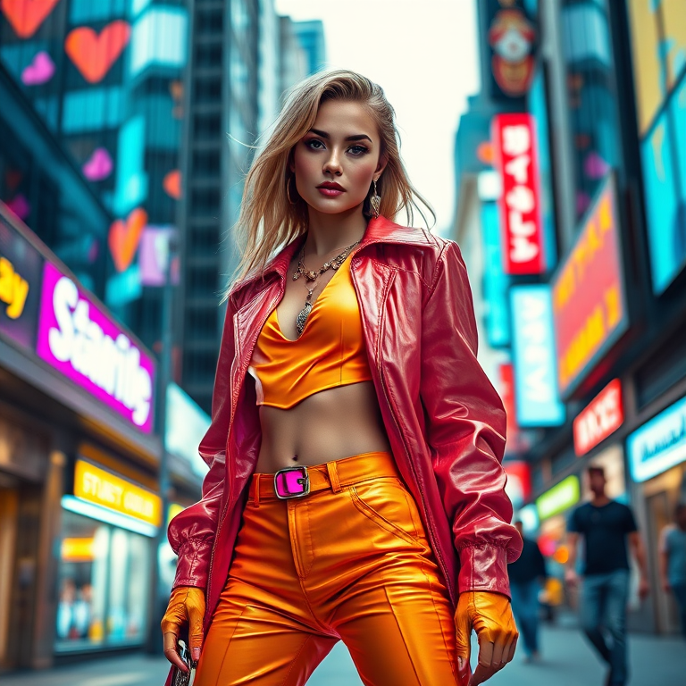 sabrina carpenter in a bright, stylish outfit, posing with confidence in a lively urban setting
