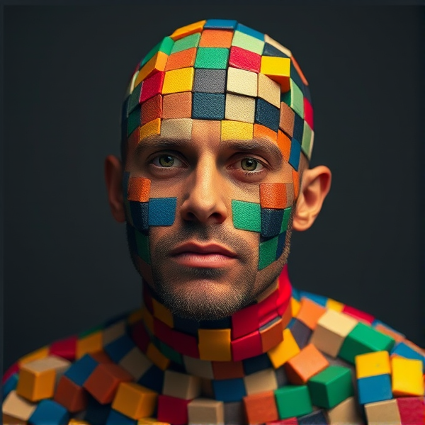 a man whos facr and body is made out of rubix cube