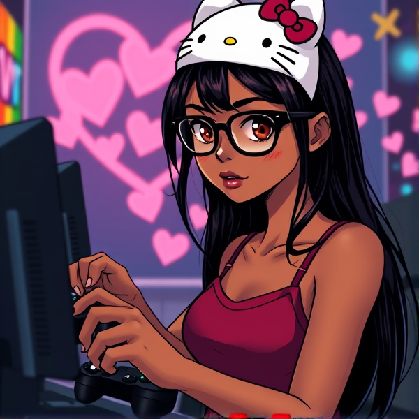 brown skin girl with brown eyes ,black glasses , and long black hair playing video games. Wearing dress maroon tank top. Glowing pink hearts in background. Hello kitty hat on head
