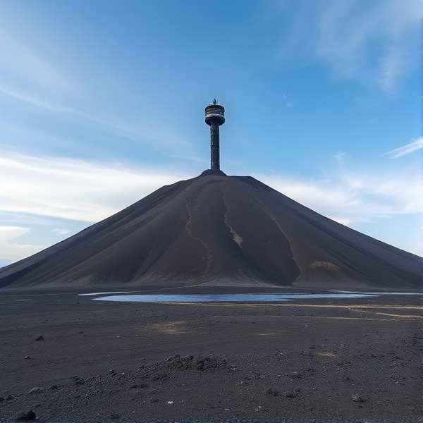 Make a photo of a tall black tower on the slopes of a volcano. In the ashy desolate land, not a plant can be seen.