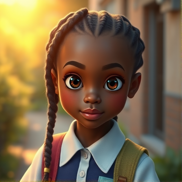 Jeune fille africaine de douze ans avec des tresses traditionnelles, vêtue d'un uniforme scolaire rentrant à la maison