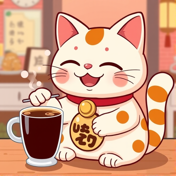 Japanese lucky cat cartoon with coffee