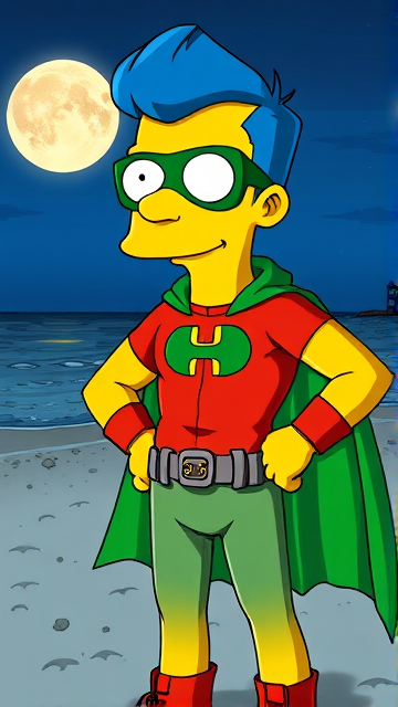 Milhouse Van Houten from The Simpsons, with his yellow skin, really big round nose, and blue hair that's slicked back and curled up at the top, but as an 18-year old teenager, dressed as a parody of Robin, The Boy Wonder, with an extremely muscular torso and arms, a green bodysuit with a red torso adorned with a green H symbol on his chest, a grey utility belt, red boots, red long-cuffed gloves, a big green cape, and a green eye mask with optical lenses in it, now known as Houseboy, The Nerd Wonder, the other half of Springfield's Dynamic Duo, and one of the greatest vigilante superheroes ever known in Springfield. He is currently standing on the beach at night, taking a break from his heroic duties to reflect on his growth and transformation into the vigilante he has become.