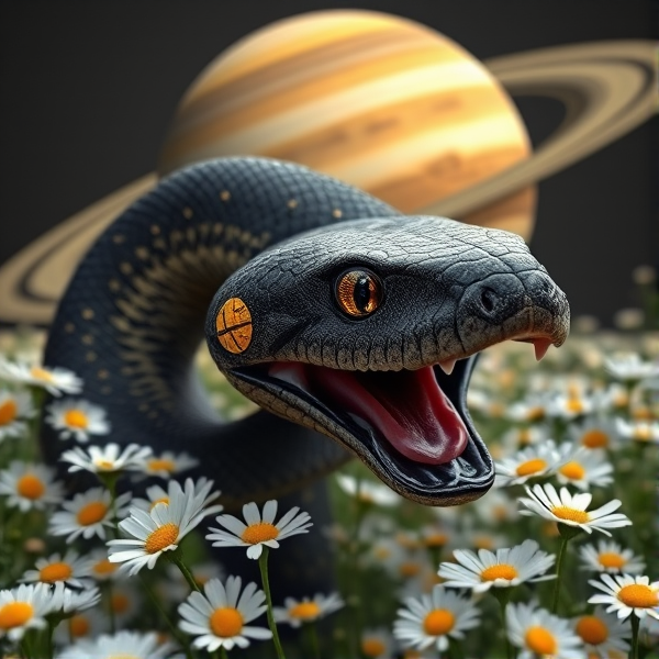 a black and star and planet covers shimmer ball python with the sun and moon for eyes and both eyes showing with an open mouth showing it’s teeth in a field of daisies and a Saturn behind it