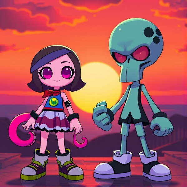 (Splatoon) Agent 8 (agent 8 is an octopus girl human) and agent 3 (agent 3 is a squid boy human) in front of a sunset