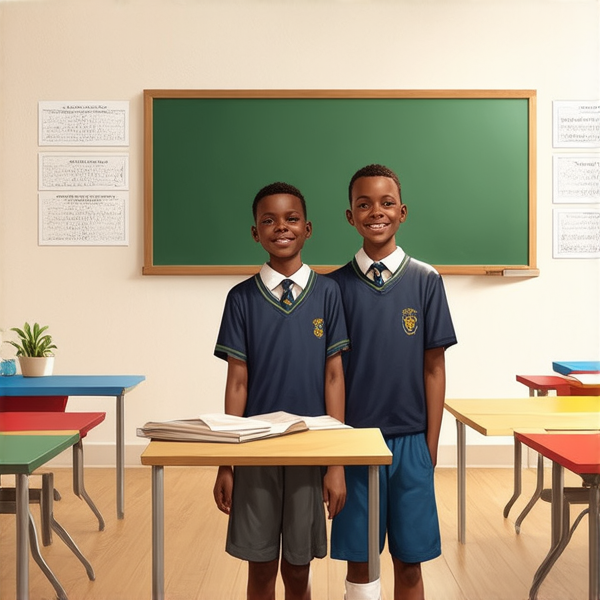 deux garçons noirs de 14 ans, vêtue d'uniforme scolaire , debout souriante et concentrée devant un tableau noir rempli de regles d'orthographe en français  dans une salle de classe ensoleillée et colorée avec des bureaux en bois et des affiches éducatives sur les murs
