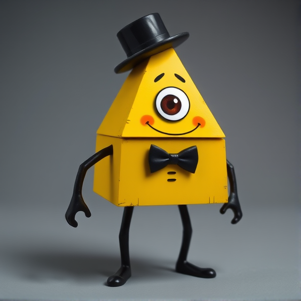 When Bill takes physical form, He looks like a small yellow pyramid with one eye, black arms and legs, a black hat, and a bow tie.