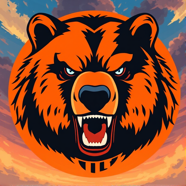 Create a sophisticated and detailed logo for a soccer team that features an intense grizzly bear, with sharp pale blue eyes that embody focus. The bear should look threatening and vibrant, signifying strength and agility. The primary colors are vivid orange and deep black, symbolizing the team's energy and power. Incorporate the name 'Tilt Academy' in an arching manner above or encircling the grizzly, using a distinctive handcrafted font that conveys a sense of exclusivity and prestige. The lettering should be seamlessly integrated into the overall design without overwhelming the imagery. Ensure every element of the logo is crisp and clear to reflect a professional appearance while maintaining a touch of creativity.
