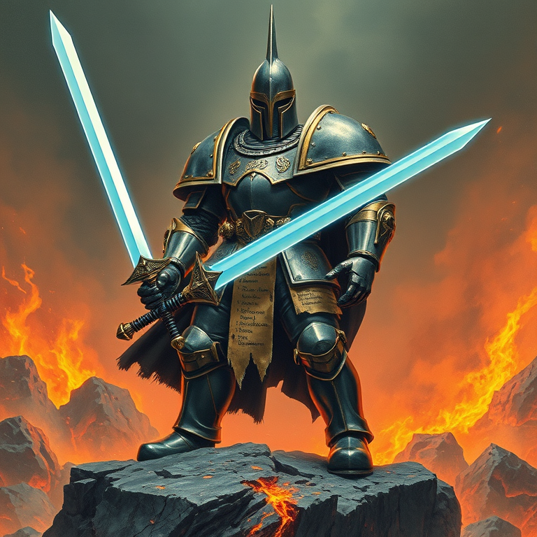 Warhammer 40K, grey knight, pointed helmet, standing on a solid rock with magma all around him, gold trim on his silver armor, parchment with cryptic writing is attached at various places around his power armor, he holds a glowing blue force sword, 1970s Dark fantasy theme, retro, slightly grainy, point of view 15 feet away