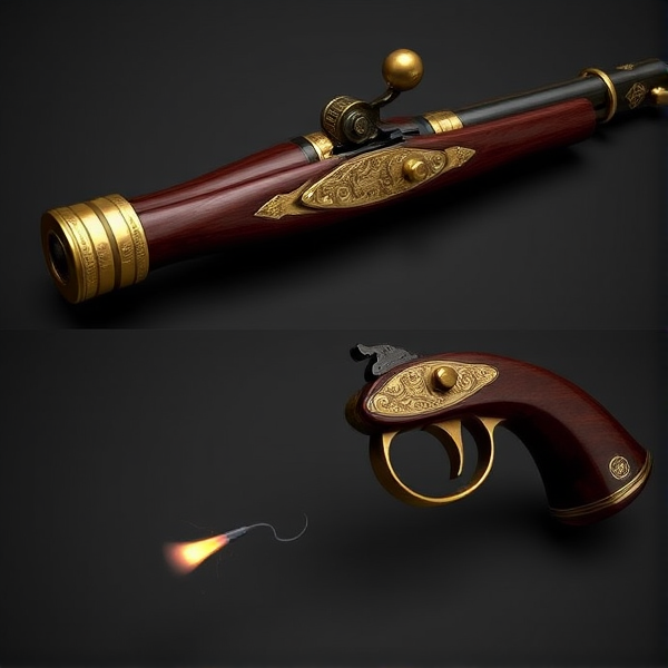 **Appearance:**

- **Design:** The Flintlock Stickybombs are styled with a vintage, early firearm look. The launcher combines polished wood with brass and metal elements for a classic, antique feel.
- **Barrel:** The barrel features a flintlock-style ignition system with a prominent brass hammer and trigger, evoking the look of historical flintlock firearms. The barrel itself is adorned with brass inlays and engravings.
- **Handle:** The handle is made of dark, polished wood, shaped for ergonomic use, and decorated with brass fittings and intricate metalwork.
- **Details:**
  - **Ignition Mechanism:** A visible, ornate flintlock mechanism that moves when launching sticky bombs, reflecting the traditional craftsmanship.
  - **Fuse Effect:** Each sticky bomb has a decorative fuse or wick that burns with a faint, flickering flame before detonation, adding to the historical charm.
  - **Ornamentation:** The launcher features detailed engravings of historical motifs or patterns, enhancing its antique appearance.