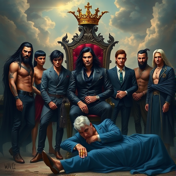 An atmospheric landscape portrays seven distinct brothers, each manifesting one of the seven deadly sins. At the center, Pride sits regally on a throne, with flowing long black hair and a commanding crown atop his head, exuding an air of superiority. To his side, Wrath stands with unkempt black hair partially obscuring his fierce red eyes; he's clad in a leather jacket and pants ensemble, his skin adorned with intricate tattoos and numerous piercings signaling his aggressive nature. Greed is dressed sharply in a tailored designer suit that accentuates his striking lavender eyes, hands decorated with lavish gold rings and a thick gold chain around his neck symbolizing his insatiable desire for wealth. Envy is garbed as a solitary traveler, casting jealous glances with piercing green eyes at what others possess. Gluttony appears paradoxically lean despite representing overindulgence, standing atop a table as if to showcase his never-ending hunger for more. Lust has pale hair complementing icy blue eyes and wears seductive clothing that hints at an enticing charisma; his expression is one of playful temptation. Finally, Sloth lies lethargically on the ground enveloped by heavy blue robes, exuding tiredness from every pore on his wearied face