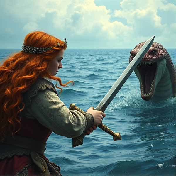 Red haired Caucasian Arthurian teenage princess points her sword at a sea serpent leviathan in the sea