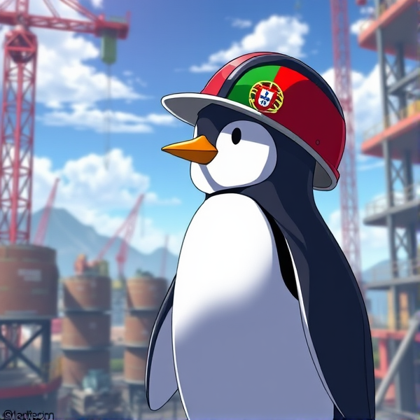 Pingouin dans un chantier avec le drapeau Portugais sur le casque