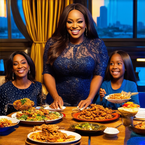 Repas de famille afro-américaine chaleureux et convivial, avec un grand assortiment de plats traditionnels soul food sur une grande table en bois, entourée de membres de la famille riant et partageant des moments ensemble dans une salle à manger bien éclairée et décorée pour l'occasion