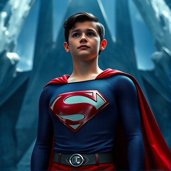 1990's Cinematic Movie Scene: Jon Kent, AKA Superboy, the young little 12-year old super son of Superman, and the first kid to be born as the world's first Half-Kryptonian child. Despite being a kid, he has all of his father's powers, with an extremely muscular body, the iconic costume, the singular curled bang sticking out at the front of his flat and smooth black hair, and a long cape. The young little Half-Kryptonian, Jon Kent, now Superboy, stands in his secret icy crystal lair in the Arctic, the Fortress Of Solitude, ready for action as he prepares to take flight for the first time so he can honor his deceased father's legacy and fulfill his destiny.