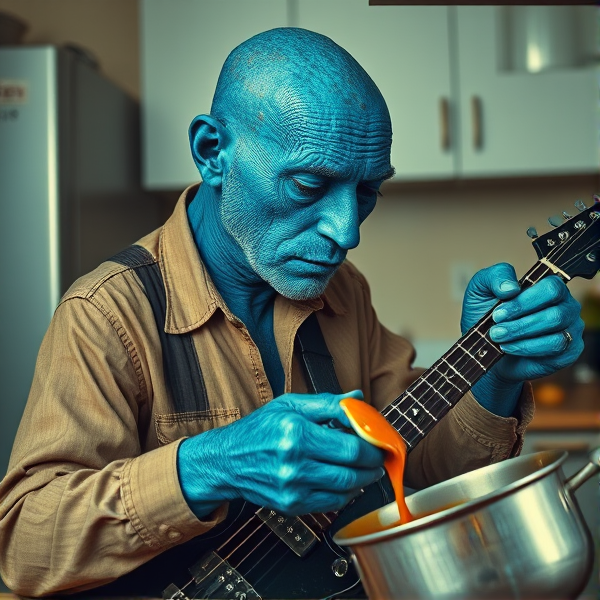 Cool old lizard blues singer with blue skin, man's head. In kitchen Pouring Gravy from a pot