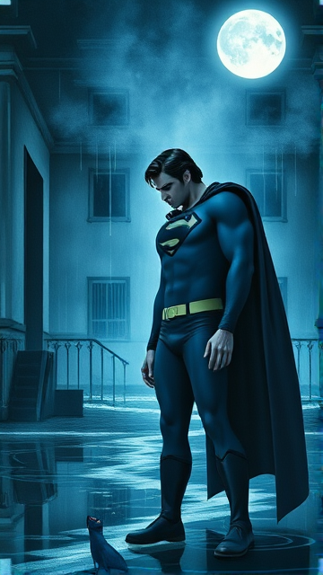 1990's Movie Scene: Jon Kent, AKA Superboy, the young little 12-year old super son of Superman, and the first kid to be born as the world's first Half-Kryptonian child, with an extremely muscular body, the iconic costume, the singular curled bang sticking out at the front of his flat and smooth hair, and a long cape, standing in an abandoned house at night, looking for clues to the mystery he is trying to solve.