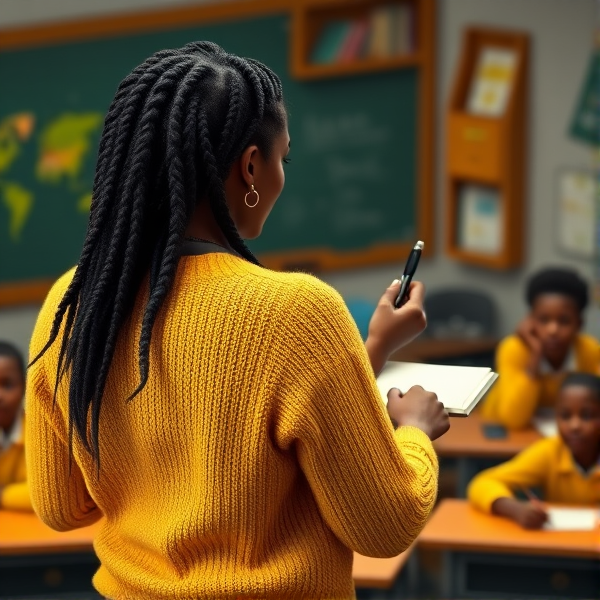 Une institutrice noire âgée de quarante ans vêtue d'un pull jaune avec des tresses africaines le dos tourné écrit au tableau dans une salle de classe avec des élèves noires agés de huit ans