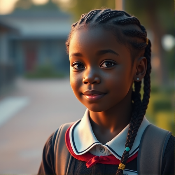 Jeune fille africaine de douze ans avec des tresses traditionnelles, vêtue d'un uniforme scolaire rentrant à la maison
