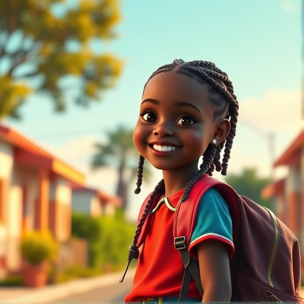 Jeune écolière africaine de huit ans, coiffée de tresses africaines , souriante, portant un uniforme d'école coloré et tenant un cartable robuste sur le chemin de l'école sous un ciel clair matinal
