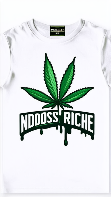 Un t-shirt blanc avec marquer dessus avec une police Dégoulinante (Ndoss        Riche )et avec une feuilles de cannabis et en miniature les initiales Getbackgang