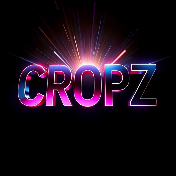 Create a visually arresting 3D logo for "CROPZ" that exudes ultra-modern, sleek design elements with bold sans-serif typography which dynamically bursts forth from a pitch-black background. Infuse the artwork with electrifying light beams inspired by the Capcut app icon's luminosity, casting profound shadows and creating striking highlights across the logo's contours. Incorporate a fusion of cutting-edge curves, crisp edges, and fluid lines to convey both rapidity and elegance. The logo should be enveloped in a metallic skin exhibiting a lustrous, mirror-like finish to dramatically bounce off light, imbuing it with an essence of vigorous motion.

Draw upon Pixar's hallmark of incisive imagery and pronounced geometric shapes, injecting the tableau with a lively color spectrum and polished surfaces for additional depth. Utilize rendering techniques paralleling Unreal Engine's hyper-realism and Octane Renderer's ray tracing capabilities to achieve mesmerizing reflections, alongside V-Ray's sophisticated lighting effects to accentuate the mood.

Strive for an overwhelmingly surreal visual spectacle that flirts with sci-fi elements, deliberately exaggerating every aspect for maximal impact. This creation ought to be perceived as audaciously lavish, overtly eschewing any inclination towards subtlety or minimalism.