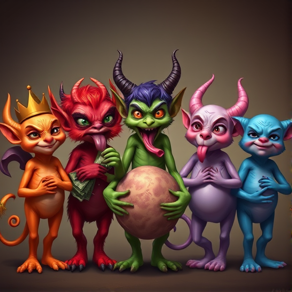 7 little imps who embody the 7 deadly sins. Pride is an orange imp who wears a crown. Wrath is a red imp with fiery horns. Greed is a purple imp who holds bags of money. Envy is a green imp who side eyes the other imps. Gluttony is a yellow imp who devours a whole turkey. Lust is a pink imp who sticks his tongue out seductively. Sloth is a blue imp with a tired expression. They all stand side by side.