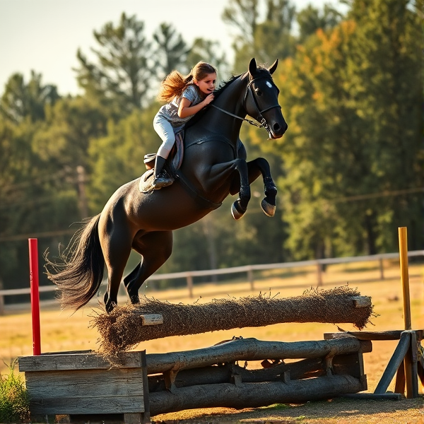 girl jumping a humongous double jump side view on black horse