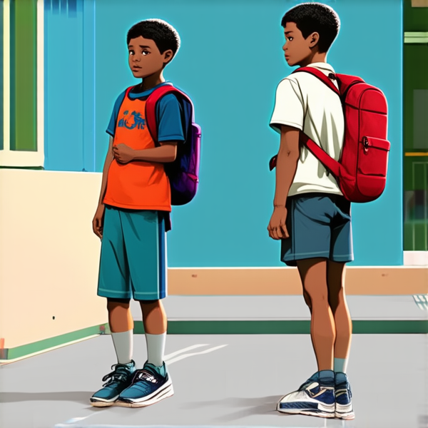 deux garçons noire agés de 12 ans et 14 ans avec des cartables dans la cour d'une école