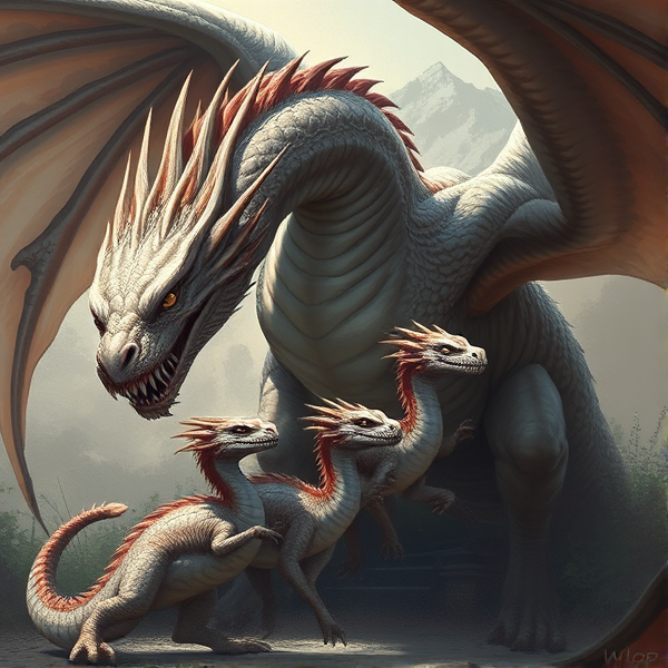 A muscular dragon with 3 baby dragons