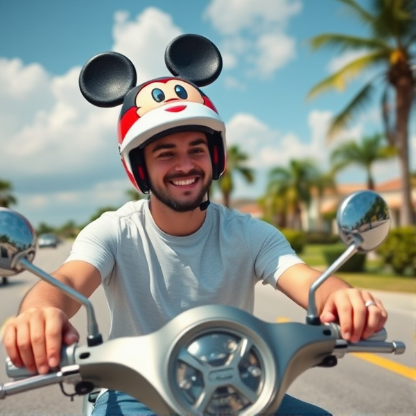 YouTuber, Ryan Kinel, is on a scooter driving in Florida in a hot summer day wearing a Mickey mouse hat.