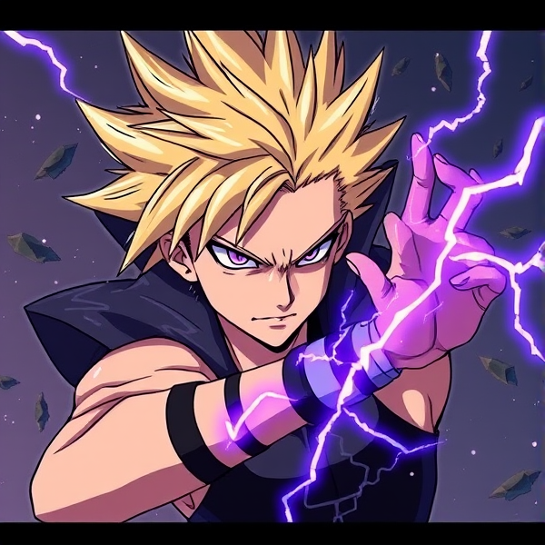 My hero academia oc. Blonde spikey jagged hair. Evil. Villain. 15. Purple electric quirk. Villain costume. Sleeveless. Scars on arm. Straps on arms. Purple eyes. Tight fighting. Tactical like .