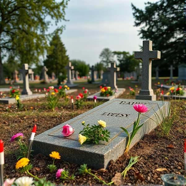 Far away grave with flowers in a grave yard