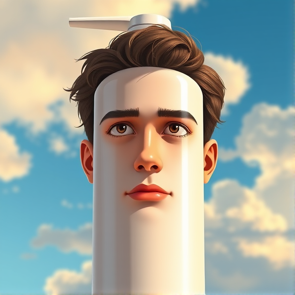 Human face realistically photoshopped onto a white cylindrical lotion bottle, detailed facial features like eyes, nose, and mouth seamlessly integrated with the label, skin tone of the face matching the texture of the bottle's surface, expression neutral and looking straight ahead, high-resolution image emphasizing the smooth blend where the neck would typically begin transitioning into the cap of the lotion bottle. Oil painting style