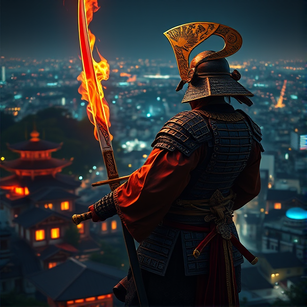 Samurai overlooking the village at night from a high building with a flaming sword