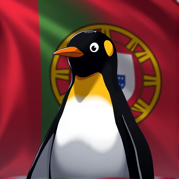 Pingouin maçon et dans le fond le drapeau Portugais