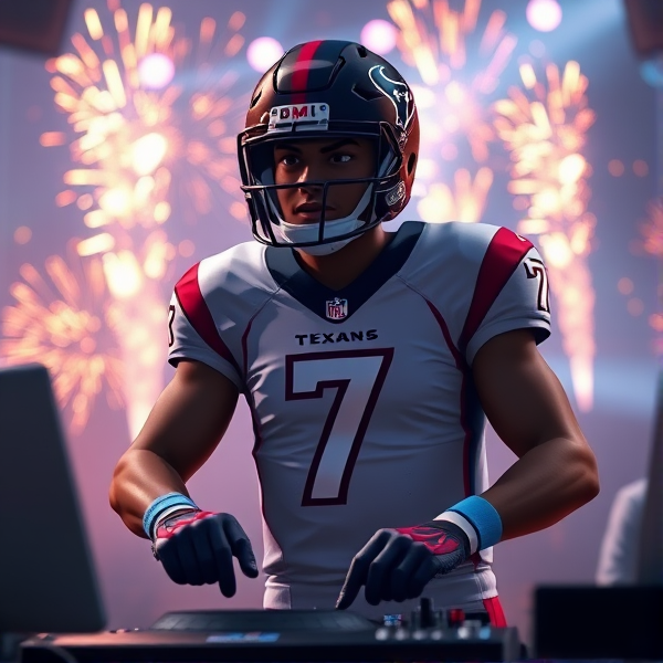 Animated black quarterback wearing number 7 jersey for Houston texans  DJing a  Football theme edm party. Pyrotechnics and lights in background