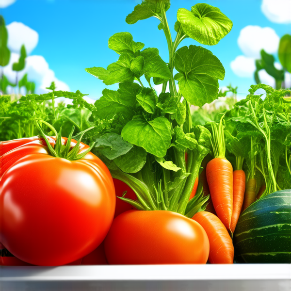 un jardin potager luxuriant et détaillé, avec une variété de légumes colorés tels que des tomates rouges, des courgettes vertes et des carottes orange, sous un ciel bleu clair avec une lumière naturelle éclatante