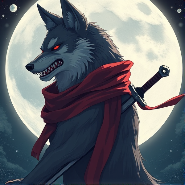 Loup roublard maitre de la lune avec un foulard rouge autours du cou et avec deux épées dans le dos